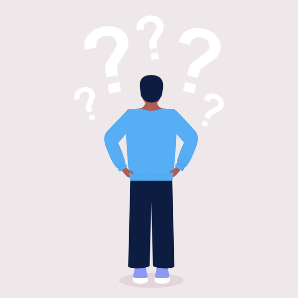 Young man thinking. Character with question marks above his head. Vector illustration in a flat style