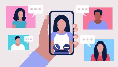 Konferans görüntülü konuşma, bir arkadaşla görüntülü konuşma, internetten çalışma, iş görüşmesi. El ele tutuşan cep telefonu. Renkli düz vektör illüstrasyonu.