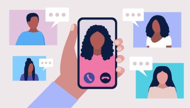 Konferans görüntülü konuşma, bir arkadaşla görüntülü konuşma, internetten çalışma, iş görüşmesi. El ele tutuşan cep telefonu. Renkli düz vektör illüstrasyonu.