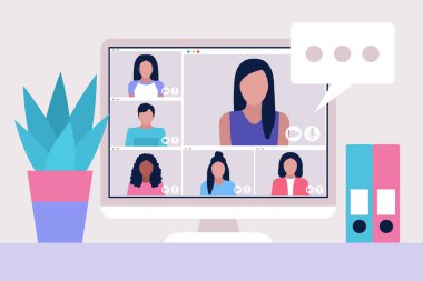 Çalışma akışı ayarlandı. Genç karakter evde dizüstü bilgisayarla çalışıyor. Serbest çalışan biri. Sosyal ağlarda iletişim, e-posta, online toplantı, video görüşmesi. Düz bir şekilde vektör illüstrasyonu