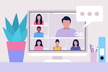 Çalışma akışı ayarlandı. Genç karakter evde dizüstü bilgisayarla çalışıyor. Serbest çalışan biri. Sosyal ağlarda iletişim, e-posta, online toplantı, video görüşmesi. Düz bir şekilde vektör illüstrasyonu
