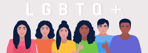 Een Stel Staande Jongeren Groep Van Lgbtq Activisten Vector Illustratie — Stockvector