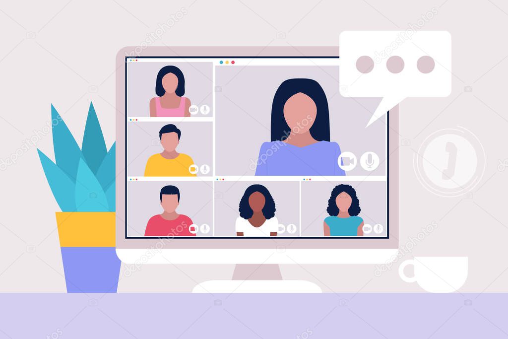 Workflow set. Young character works at home with a laptop. Freelancer. Communication in social networks, mail, online meeting, video call. Vector illustration in a flat style