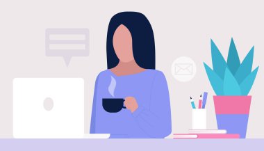 Work break concept. Young woman with a cup of tea or coffee at the computer. Freelancer. Worker. Communication in social networks, mail, online meeting, video call. Vector illustration in a flat style