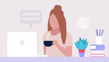 Work break concept. Young woman with a cup of tea or coffee at the computer. Freelancer. Worker. Communication in social networks, mail, online meeting, video call. Vector illustration in a flat style