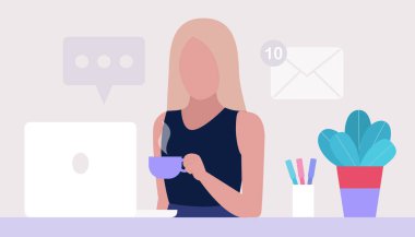 Work break concept. Young woman with a cup of tea or coffee at the computer. Freelancer. Worker. Communication in social networks, mail, online meeting, video call. Vector illustration in a flat style