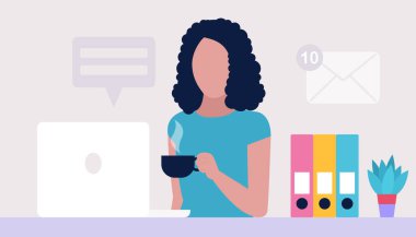 Work break concept. Young woman with a cup of tea or coffee at the computer. Freelancer. Worker. Communication in social networks, mail, online meeting, video call. Vector illustration in a flat style