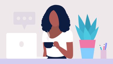 Work break concept. Young woman with a cup of tea or coffee at the computer. Freelancer. Worker. Communication in social networks, mail, online meeting, video call. Vector illustration in a flat style