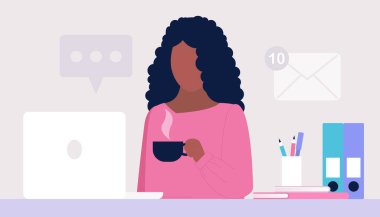 Work break concept. Young woman with a cup of tea or coffee at the computer. Freelancer. Worker. Communication in social networks, mail, online meeting, video call. Vector illustration in a flat style