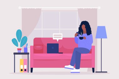 Work break concept. Procrastination concept. Young woman resting on the sofa with a smartphone and cup of coffee or tea. Freelancer. Worker. Vector illustration in a flat style