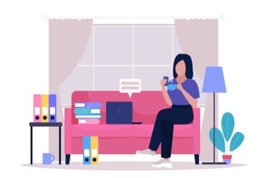 Work break concept. Procrastination concept. Young woman resting on the sofa with a smartphone and cup of coffee or tea. Freelancer. Worker. Vector illustration in a flat style