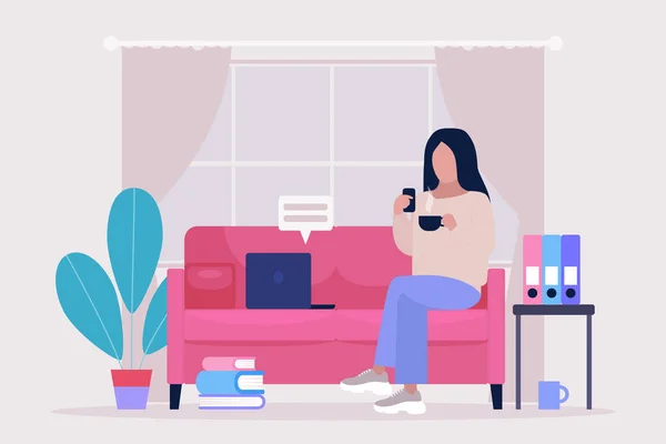 Work Break Concept Procrastination Concept Young Woman Resting Sofa Smartphone — Stock Vector
