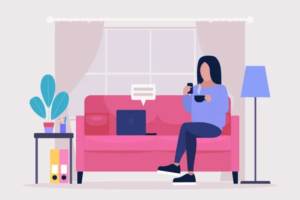 Work Break Concept Procrastination Concept Young Woman Resting Sofa Smartphone — Image vectorielle