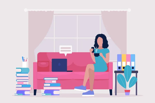 Work Break Concept Procrastination Concept Young Woman Resting Sofa Smartphone — Image vectorielle