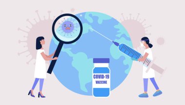 Küresel aşı konsepti. Doktor Dünya 'yı koronavirüse karşı aşılıyor. Düz bir şekilde vektör illüstrasyonu