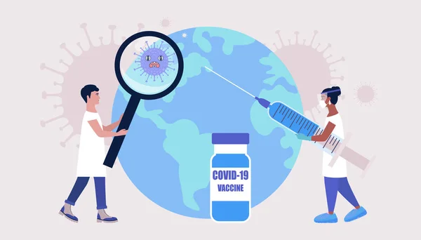 Global Vaccine Concept Doctor Vaccinates Earth Coronavirus Vector Illustration Flat — Stock Vector
