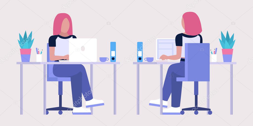 Workflow illustration. Different views. Young woman works at home or office with a laptop. Freelancer. Worker. Communication in social networks, mail, online meeting, video call. Vector illustration in a flat style