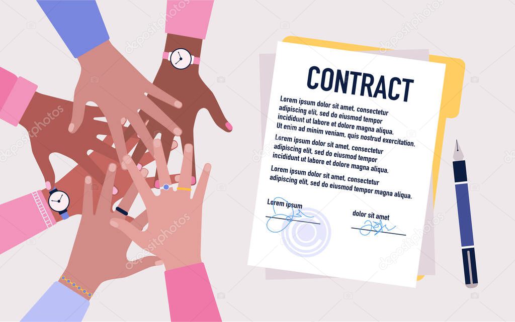 Deal, agreement concept. Illustration of hands together over signed documents. Colorful flat vector drawing.
