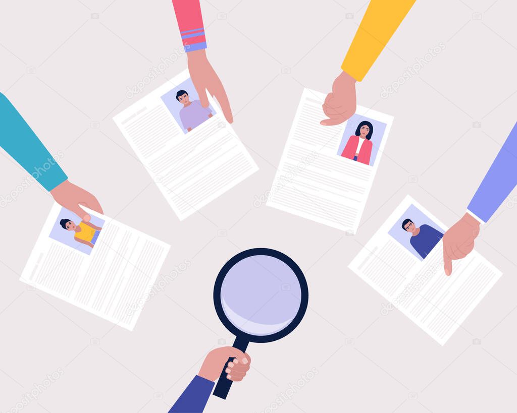 Candidate selection concept. Hand holds big magnifier and examines the resume of candidates. Colorful flat vector illustration