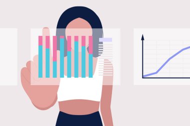 İş analizi konsepti. Genç kadın bilgi, proje ve istatistikleri analiz ediyor. Düz bir şekilde vektör illüstrasyonu.