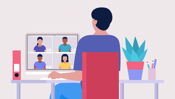 Illustration of conference video call, video call to a friend, study online, business meeting. Colorful flat vector illustration.