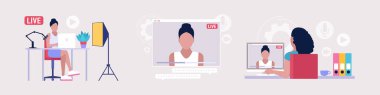 Livestream, Podcast stüdyoda. Video dersi, Webinar. Düz bir biçimle vektör ayarlandı