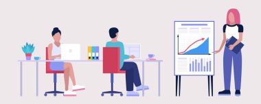 Personel eğitimi, atölye çalışması, toplantı. İş analizi. Düz bir şekilde vektör illüstrasyonu.