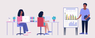 Personel eğitimi, atölye çalışması, toplantı. İş analizi. Düz bir şekilde vektör illüstrasyonu.