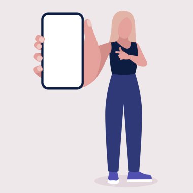 Kadının cep telefonu var. Renkli düz vektör illüstrasyonu