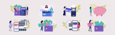 Ödeme konsepti. Banka kartı, bozuk para, para, kumbarası, cüzdanı, çekleri olan insanların farklı hikayeleri. Düz bir şekilde vektör illüstrasyonu