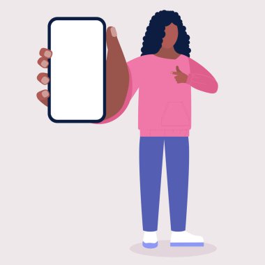 Kadının cep telefonu var. Renkli düz vektör illüstrasyonu