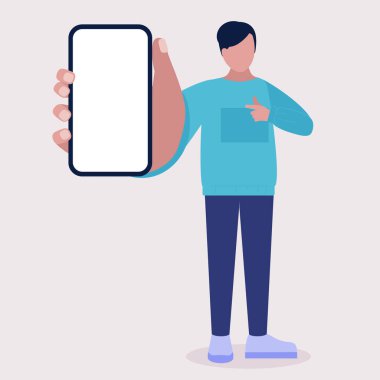 Adamın cep telefonu var. Renkli düz vektör illüstrasyonu