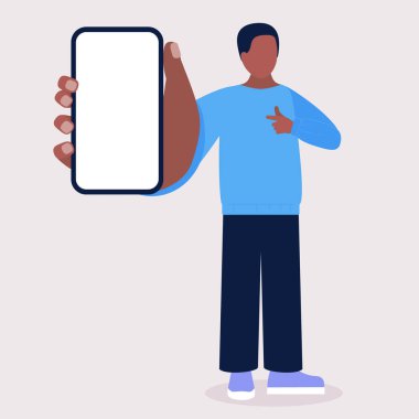 Adamın cep telefonu var. Renkli düz vektör illüstrasyonu