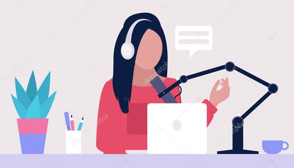 Livestream, Podcast in studio. Video lesson, webinar. Vector set in a flat style