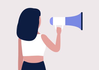 Genç bir kadın megafona konuşur. İfade, konuşma, haber konsepti. Düz çizgi film tarzında renkli vektör illüstrasyonu