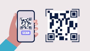 QR kod kavramı. Barkod ve QR kod okuma uygulaması. QR kod tarayıcı ile el ele tutuşan akıllı telefon. Renkli düz resimleme