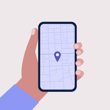 Navigasyon uygulamalı akıllı telefon. Renkli düz vektör illüstrasyonu