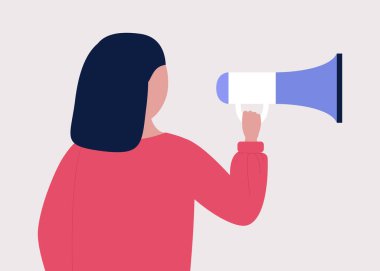 Genç bir kadın megafona konuşur. İfade, konuşma, haber konsepti. Düz çizgi film tarzında renkli vektör illüstrasyonu