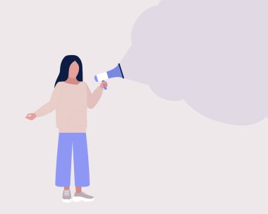 Genç bir kadın megafona konuşur. İfade, konuşma, haber konsepti. Renkli düz vektör illüstrasyonu