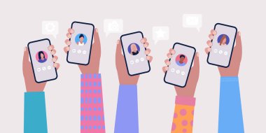 Konferans görüntülü konuşma, bir arkadaşla görüntülü konuşma, internetten çalışma, iş görüşmesi. El ele tutuşan cep telefonları. Renkli düz vektör illüstrasyonu.