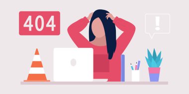 Web sitesi 404 hata kavramı. Bilgisayarlı genç adam. Renkli düz vektör illüstrasyonu