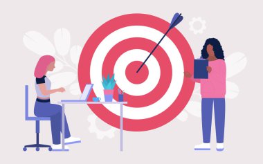 Hedef belirleme konsepti. Büyük hedefleri olan insanlar. Renkli düz vektör illüstrasyonu.