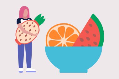 Vejetaryen konsepti. Kalori kontrolü. Sağlıklı yemek. Renkli düz vektör illüstrasyonu