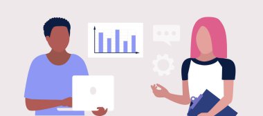 İnsanlar bilgi, proje, istatistik tartışır, analiz eder. Beyin fırtınası konsepti. Düz bir şekilde vektör illüstrasyonu.