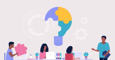 İnsanlar yeni fikirlerle tartışır, önerir, icat eder. Beyin fırtınası konsepti. Problem çözme konsepti. Bulmaca çözeltisi. Düz bir şekilde vektör illüstrasyonu