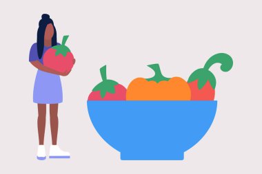 Vejetaryen konsepti. Kalori kontrolü. Sağlıklı yemek. Renkli düz vektör illüstrasyonu