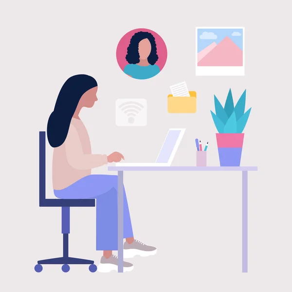 Ilustración Del Flujo Trabajo Mujer Joven Trabaja Casa Oficina Con — Vector de stock