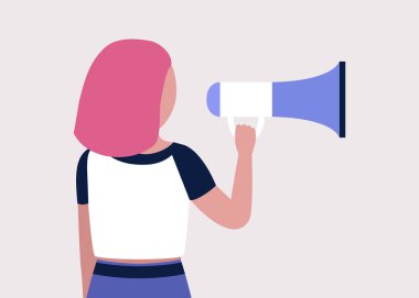 Genç bir kadın megafona konuşur. İfade, konuşma, haber konsepti. Düz çizgi film tarzında renkli vektör illüstrasyonu