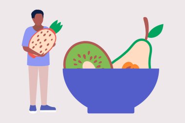 Vejetaryen konsepti. Kalori kontrolü. Sağlıklı yemek. Renkli düz vektör illüstrasyonu