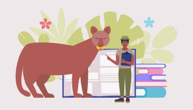 Zooloji konsepti. Keşif, vahşi doğaya gezi. Hayvanlar üzerine çalışmak. Renkli düz resimleme